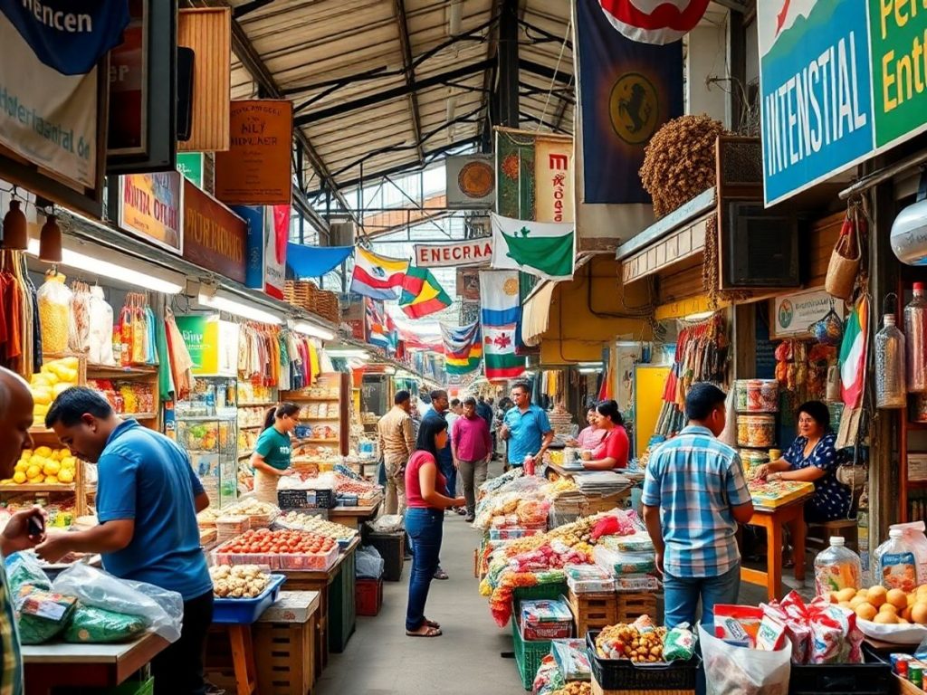 Scenă de piață cu IMM-uri angajate în comerț internațional.