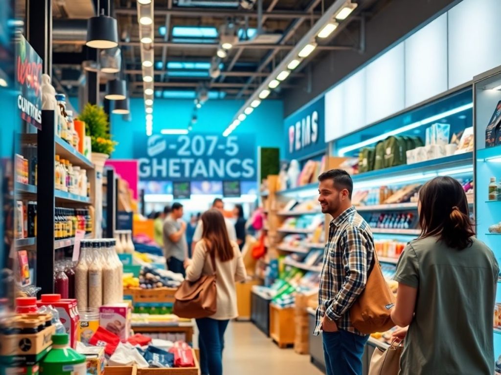Retail modernizat cu produse diverse și clienți angajați.