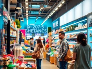 Retail modernizat cu produse diverse și clienți angajați.