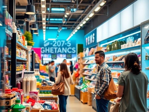 Retail modernizat cu produse diverse și clienți angajați.